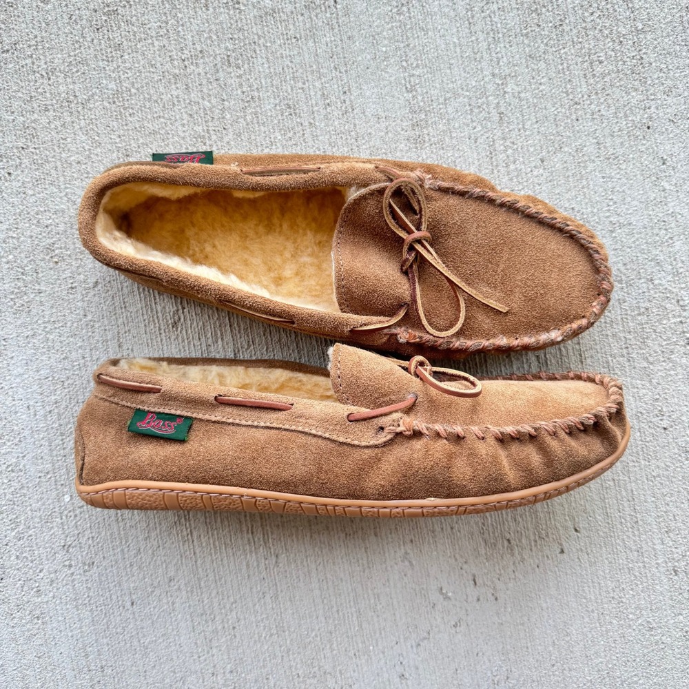 Bass Moccasin Slippers Women's 9 Brown Suede Shearling Cottage Lounge Loafers